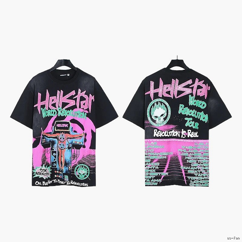 Hellstar World Revolution Tour Street Style Black & Pink Short Sleeve T-Shirt