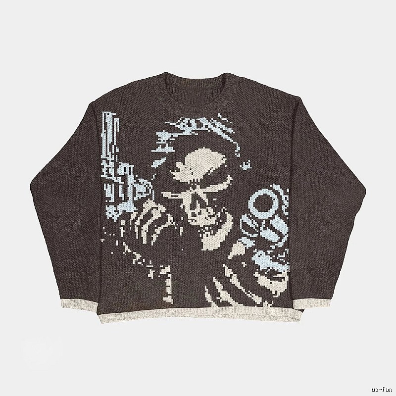 Lightweight Anime graphic sweater Black Knit Top for Gift Ideas