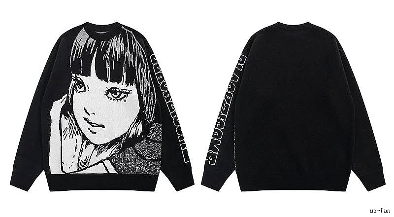 Relaxed Anime graphic sweater Black Knit Top with Versatile Design